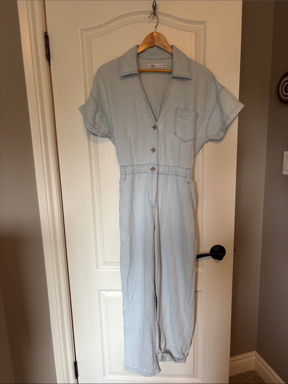 Zara Light Blue Short-Sleeve Denim-Style Jumpsuit